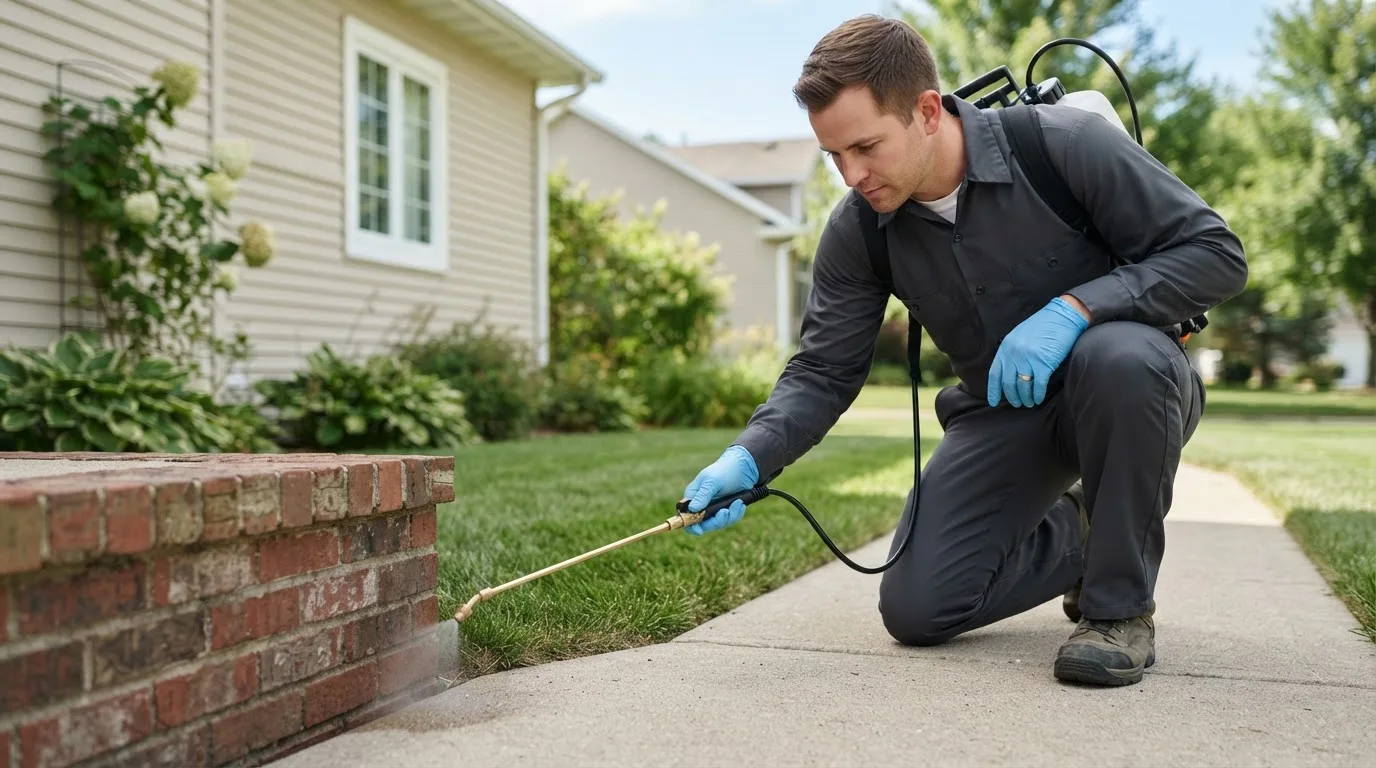 Pest control technician treating a home near Coffman Cove, AK